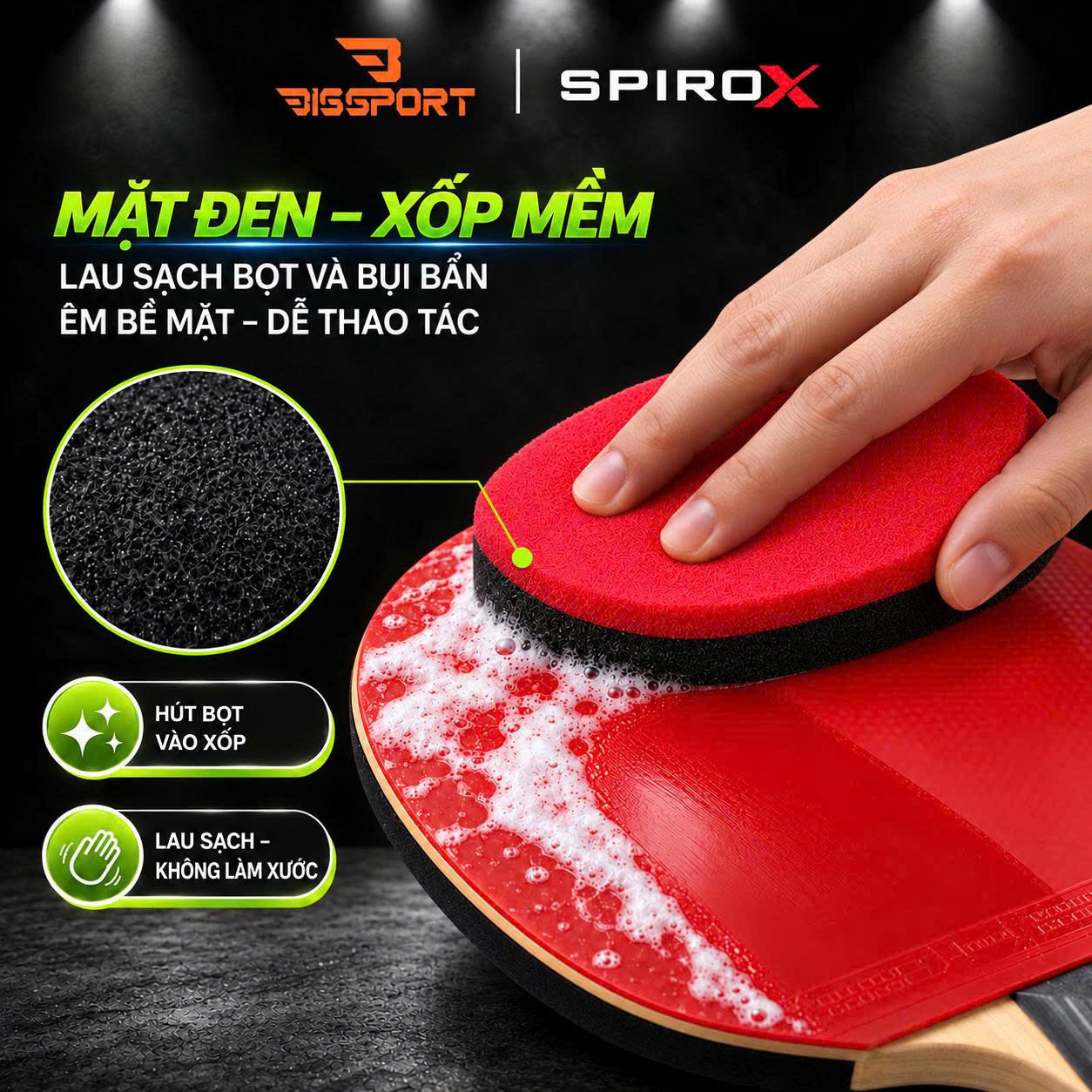 Miếng Xốp/Mút Vệ Sinh Mặt Vợt Bóng Bàn SpiroX Chính Hãng - Hai Mặt Xốp Chuyên Dụng Cứng Và Mềm - Nhẹ